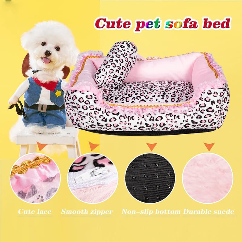 Washable Pink Leopard Dog Bed for Small Pets, Square Design