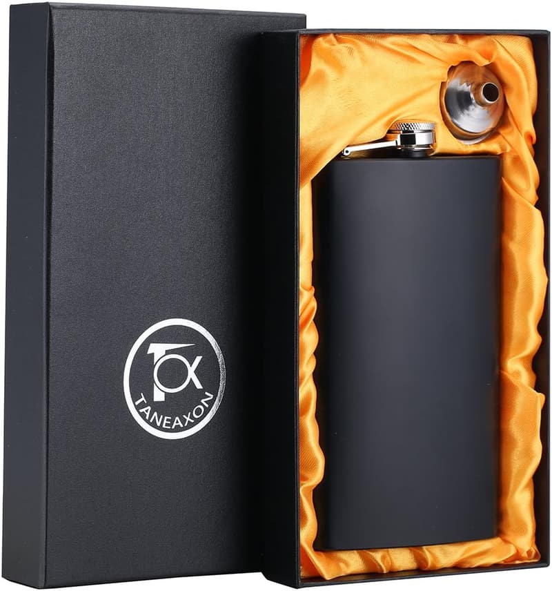 Matte Black Stainless Steel Whiskey Flask with Funnel & Box