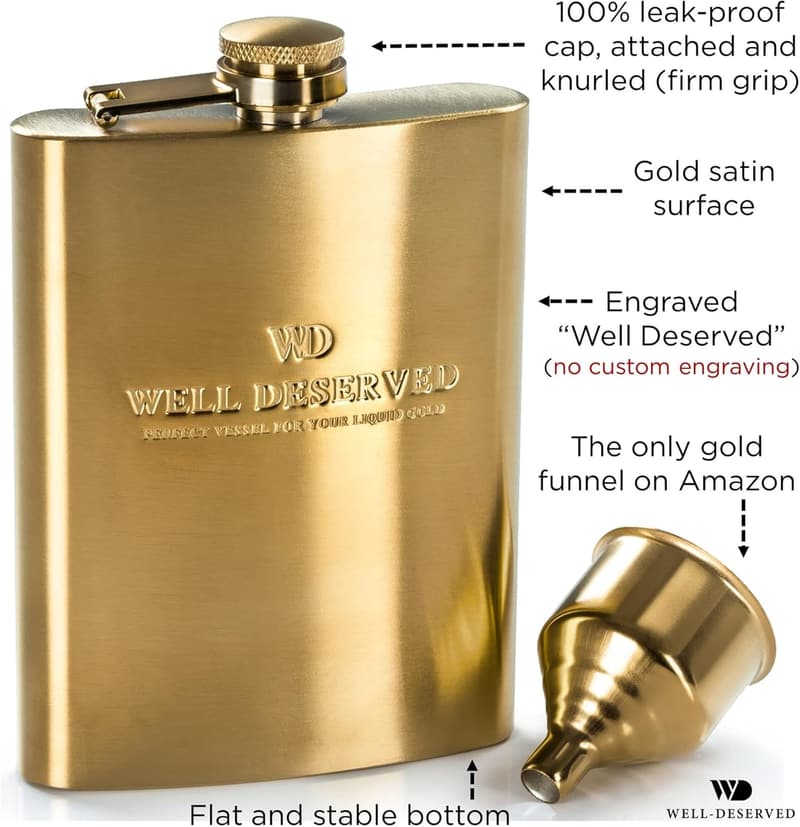 Engraved 8oz Gold Flask with Funnel & Pouch - Perfect Gift for Weddings or Birthdays