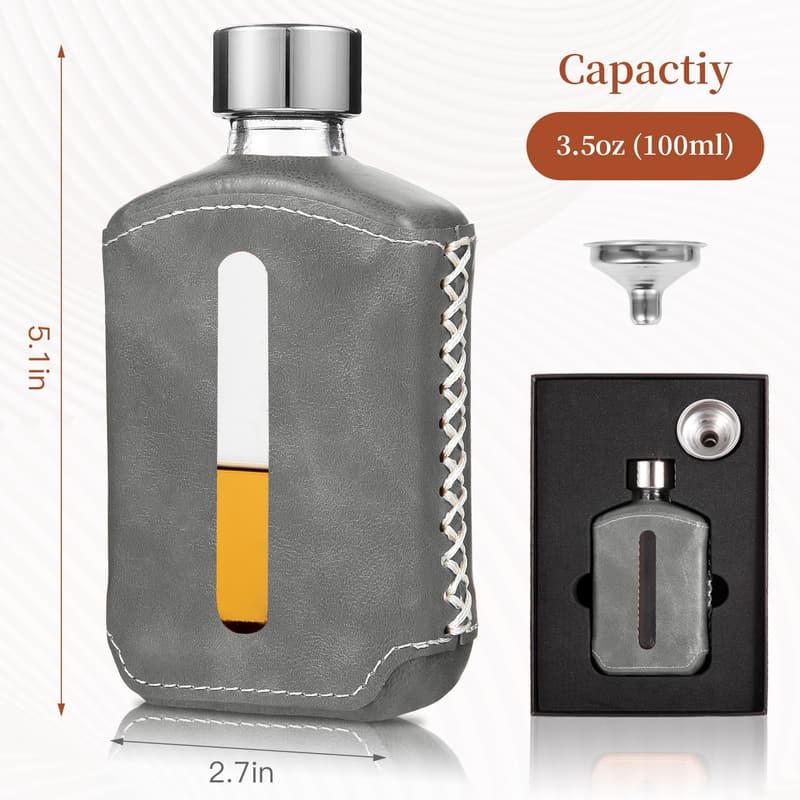 Handmade Grey Glass 100ml Flask with Leather - Birthday Gift