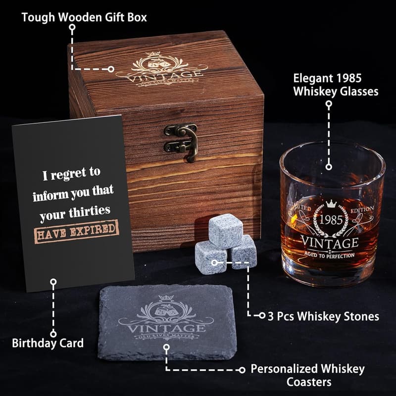 1985 Old Fashioned Whiskey Glasses - 40th Birthday Gift for Men