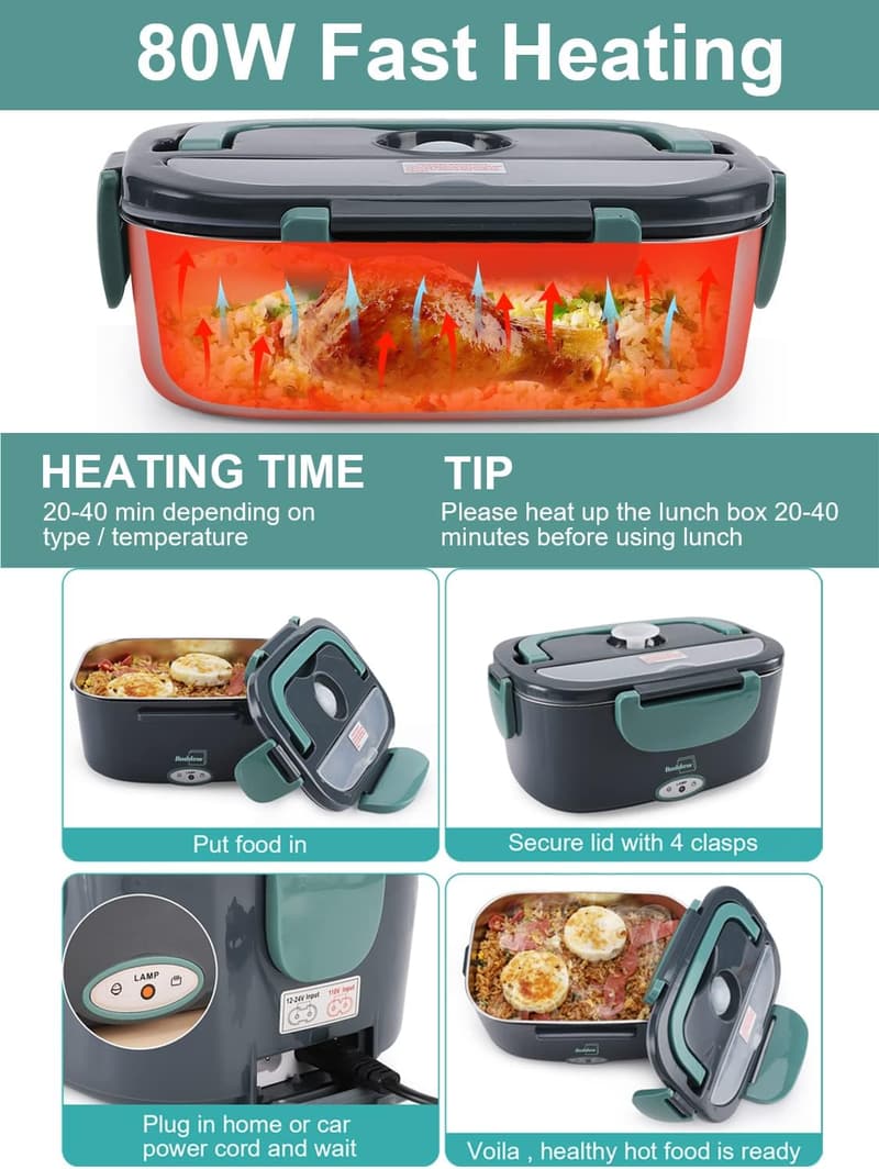 Portable Electric Lunch Box Food Heater for Adults - 80W, Green
