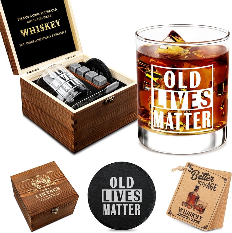 Funny Whiskey Gift Set for Men - Includes Wood Box & Coaster