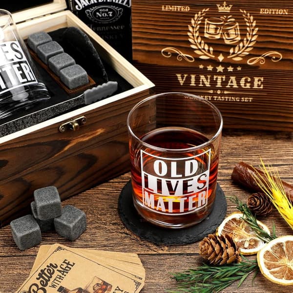 Funny Whiskey Gift Set for Men - Includes Wood Box & Coaster