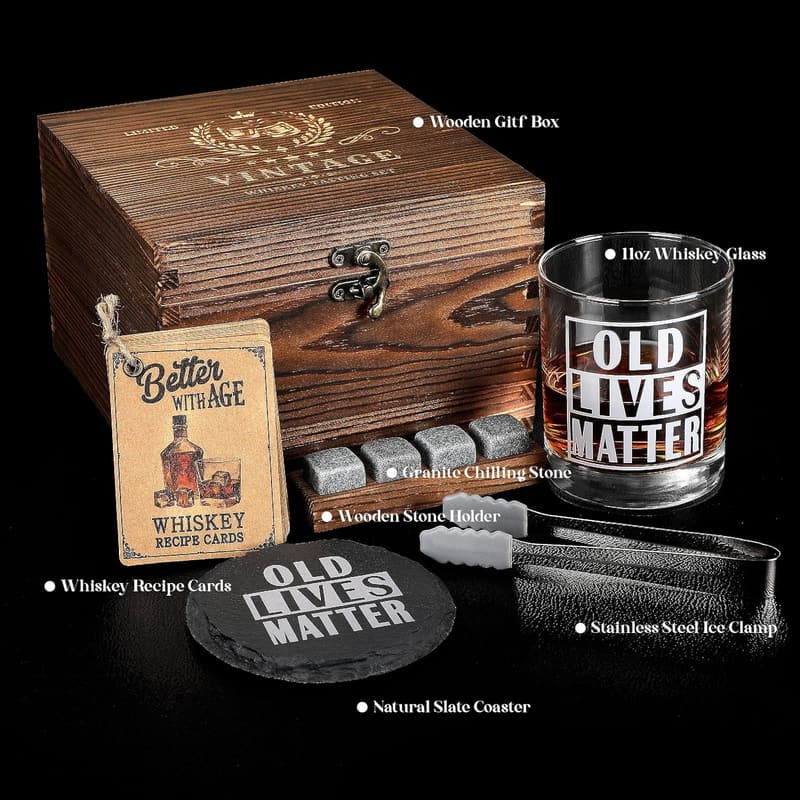 Funny Whiskey Gift Set for Men - Includes Wood Box & Coaster