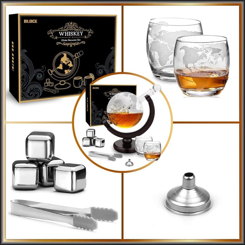World Globe Whiskey Decanter Set with Glasses - Dad's Birthday Gift