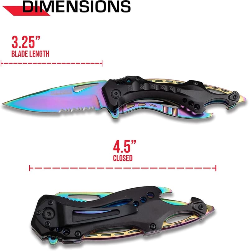 Rainbow Serrated Pocket Knife with Black Aluminum Handle - 7.75