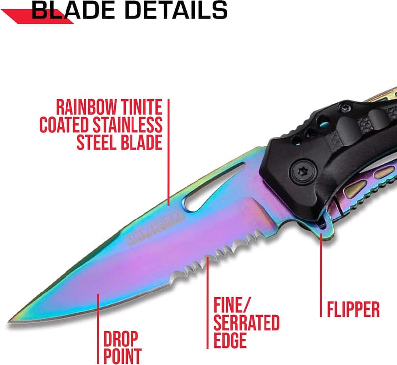Rainbow Serrated Pocket Knife with Black Aluminum Handle - 7.75