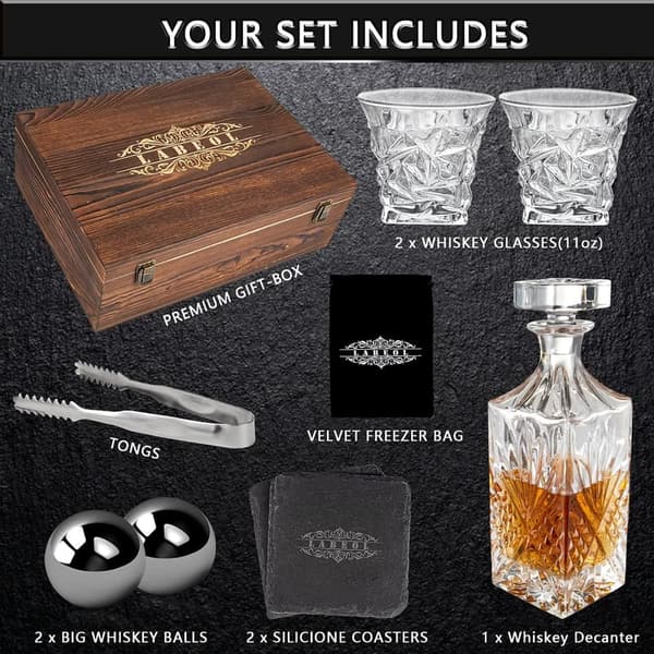 Whiskey Decanter Set with Stones and Glasses - Gift for Men