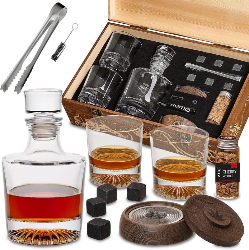 Men's Whiskey Gift Set - 14 pcs Decanter, Glasses & Smoker