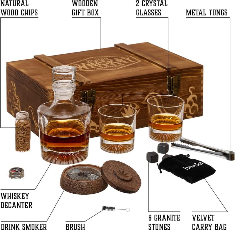Men's Whiskey Gift Set - 14 pcs Decanter, Glasses & Smoker
