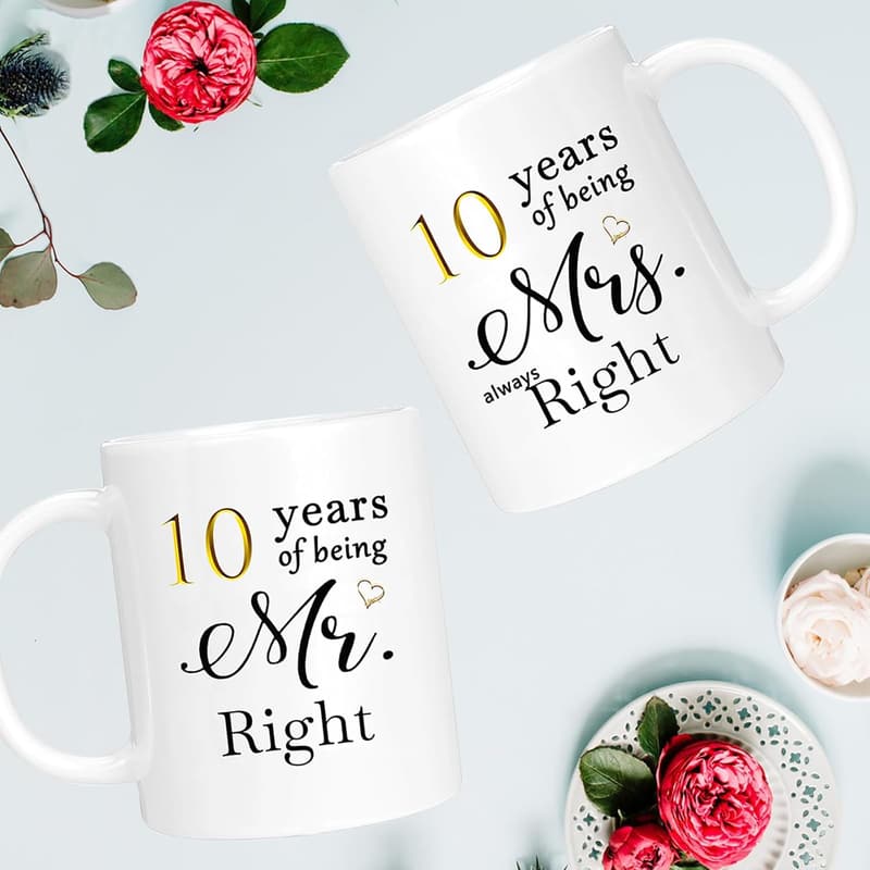 10th Anniversary Coffee Mugs Set for Couples, 11oz Gift Boxed