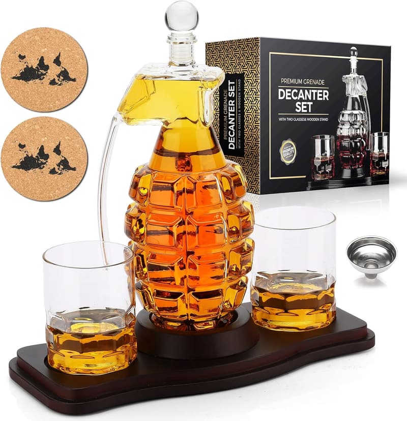 Grenade-Shaped Whiskey Decanter Set with 2 Glasses - Gift for Men