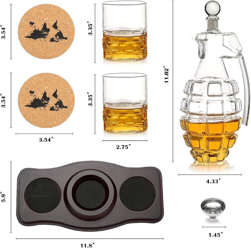 Grenade-Shaped Whiskey Decanter Set with 2 Glasses - Gift for Men