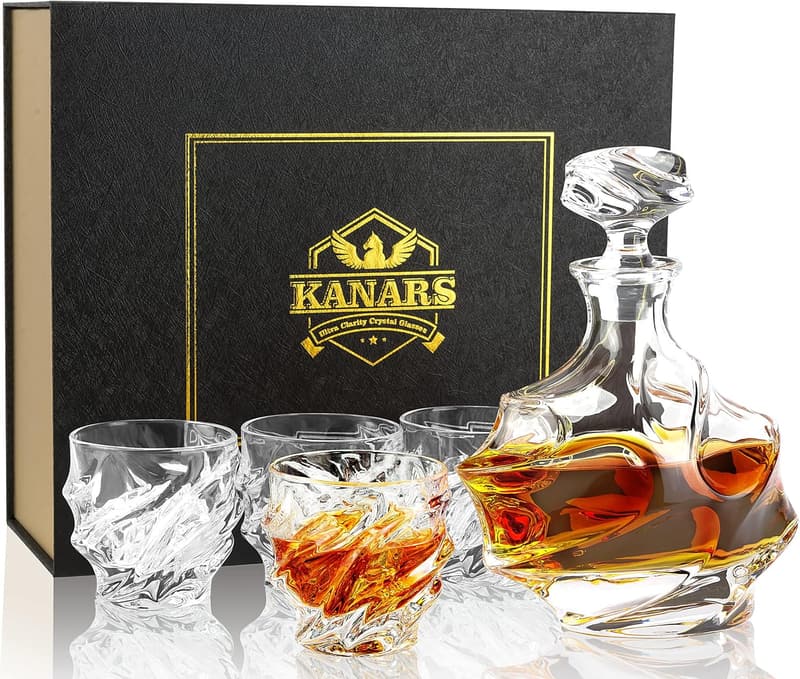 Whiskey Decanter Set - 25 Oz Crystal Carafe with 4 Glasses