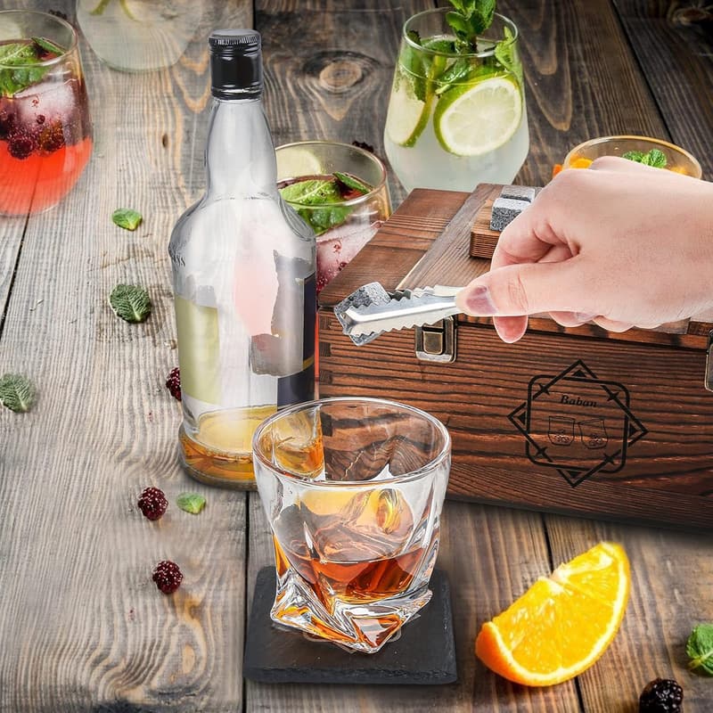Personalized Whiskey Gift Set for Men with Glasses and Stones