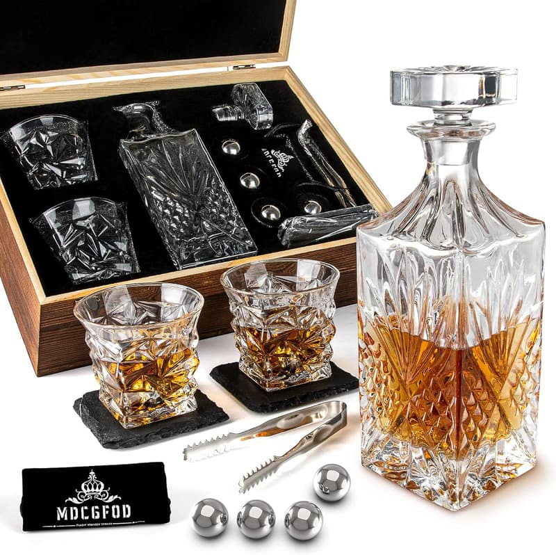 Whiskey Decanter Gift Set for Men with Glasses & Chilling Balls