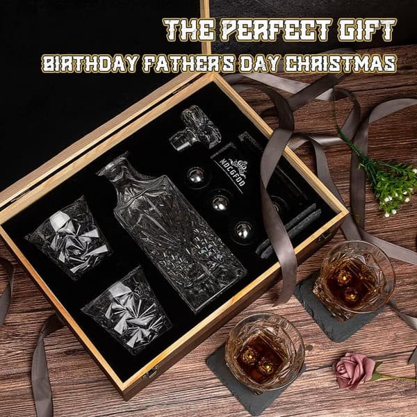 Whiskey Decanter Gift Set for Men with Glasses & Chilling Balls