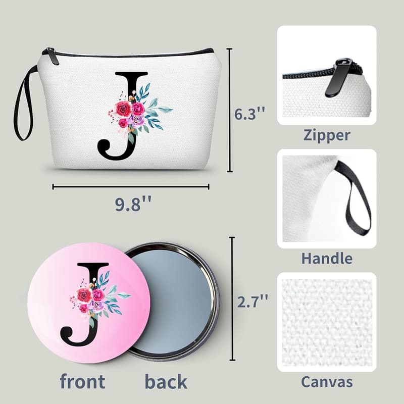 Personalized Initial Makeup Bag with Mirror for Her