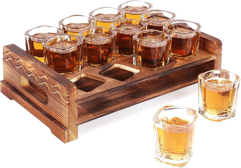Rustic Shot Glass Holder Set with 12 Crystal Glasses