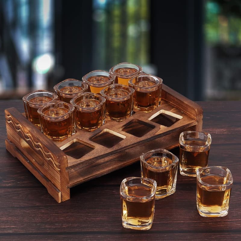 Rustic Shot Glass Holder Set with 12 Crystal Glasses