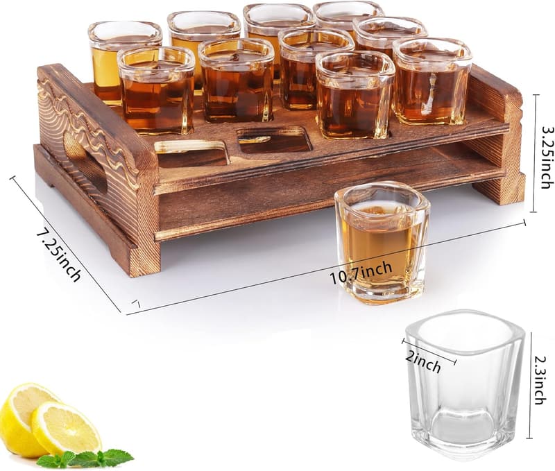 Rustic Shot Glass Holder Set with 12 Crystal Glasses