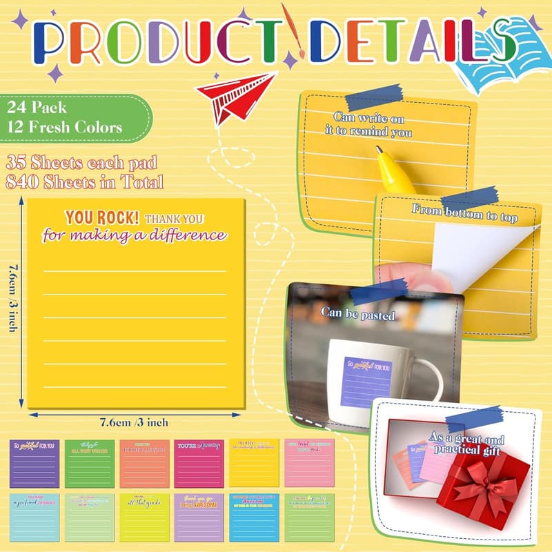Employee Appreciation Sticky Notes - 24 Mini Inspirational Notes