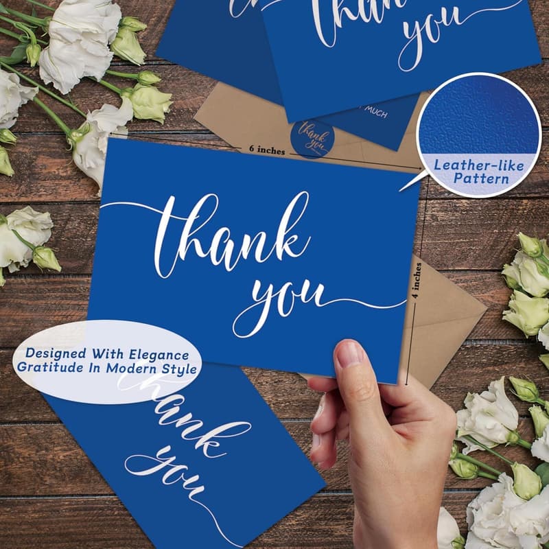 Blue Thank You Cards (24 Pack) - Leather Texture, Blank for Any Occasion