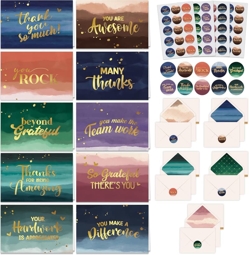 Employee Appreciation Thank You Cards - 50 Pack Gold Foil Designs