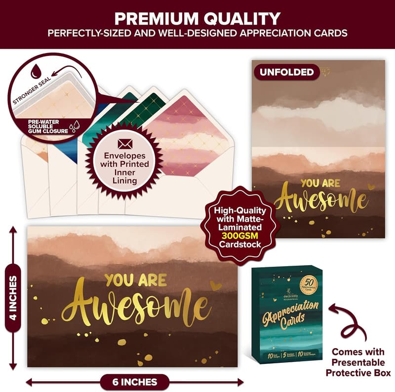Employee Appreciation Thank You Cards - 50 Pack Gold Foil Designs