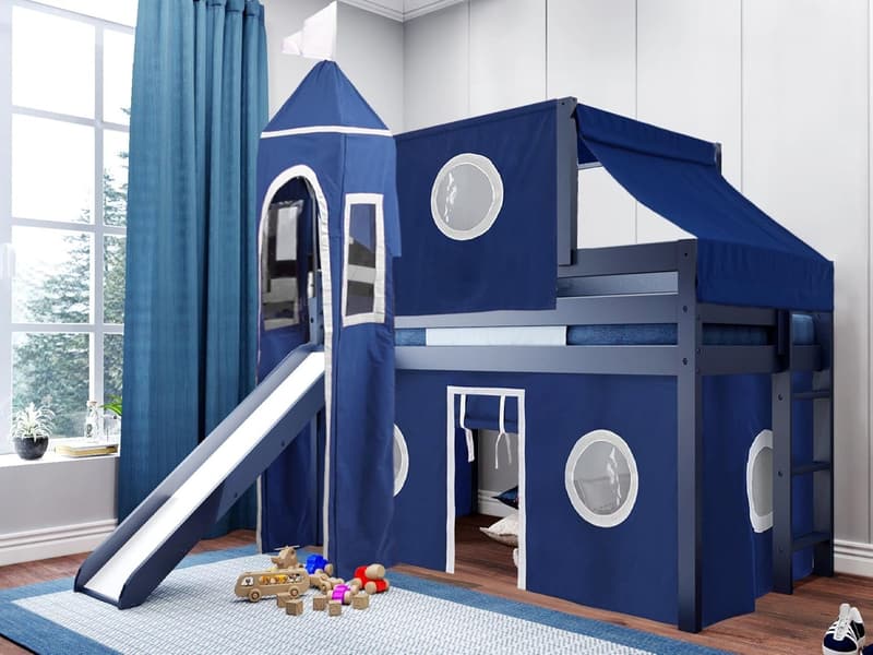Castle Low Loft Bed with Slide, Twin, Blue/White Tent & Tower