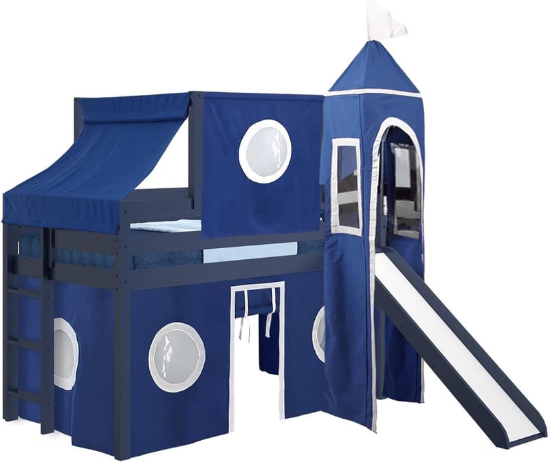 Castle Low Loft Bed with Slide, Twin, Blue/White Tent & Tower