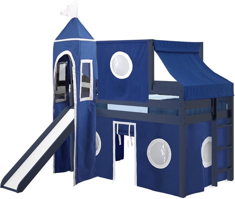 Castle Low Loft Bed with Slide, Twin, Blue/White Tent & Tower