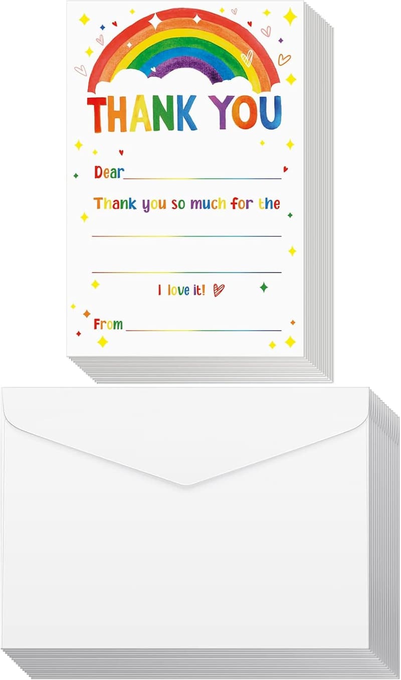 Rainbow Style Kids Birthday Thank You Cards with Envelopes - 72 Pack