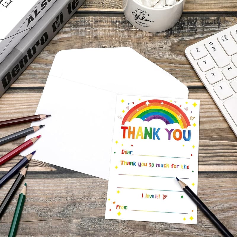 Rainbow Style Kids Birthday Thank You Cards with Envelopes - 72 Pack