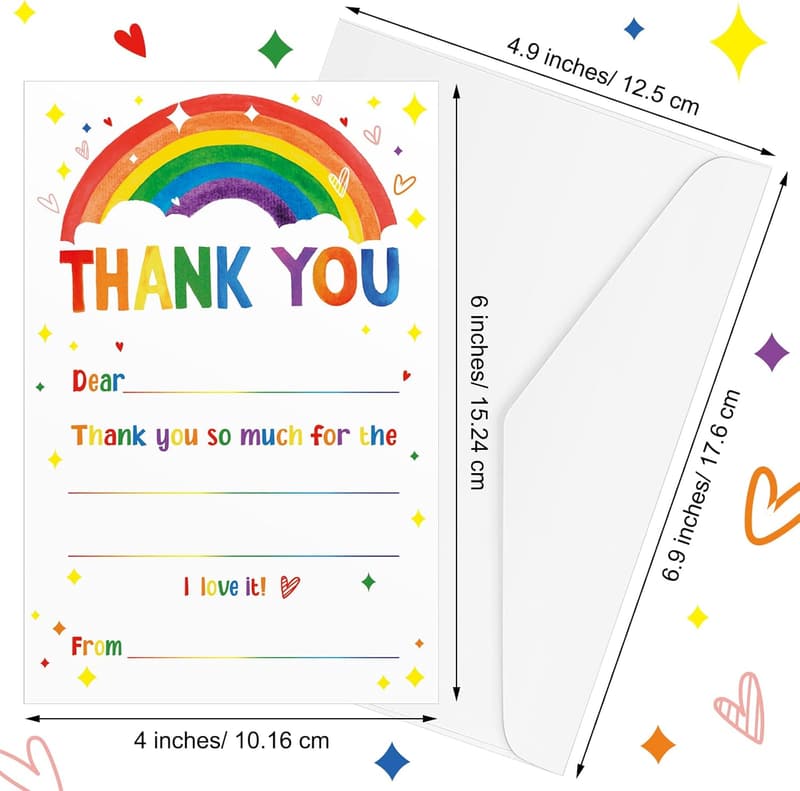 Rainbow Style Kids Birthday Thank You Cards with Envelopes - 72 Pack