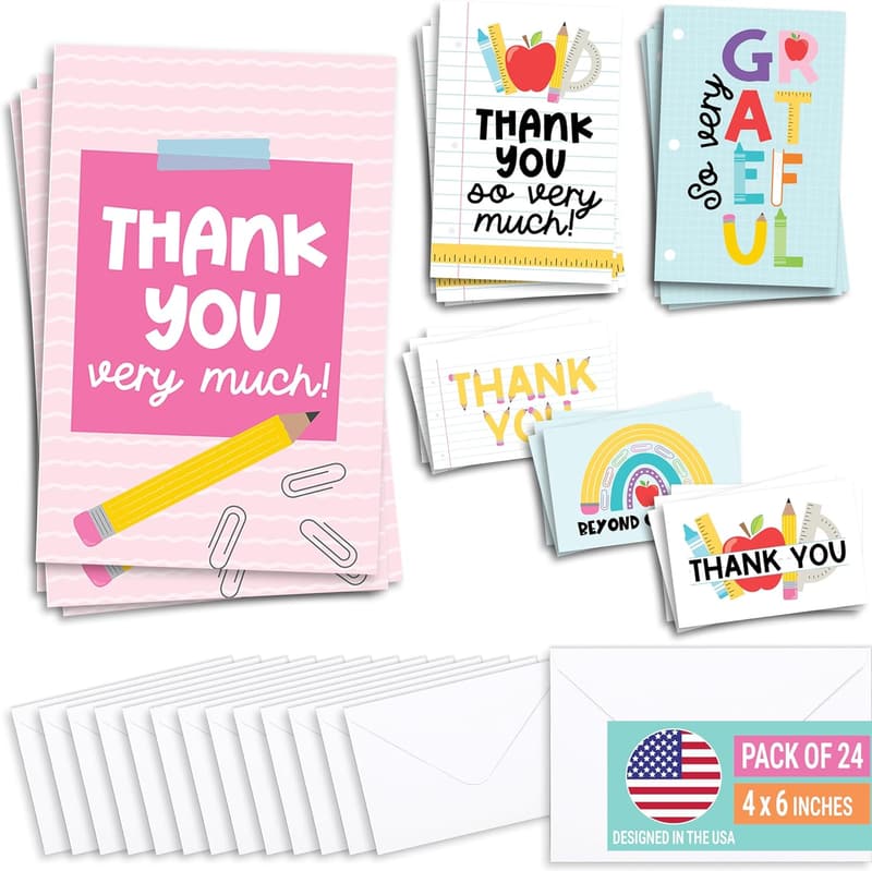 Teacher Appreciation Cards – 24 Assorted Thank You Notes with Envelopes