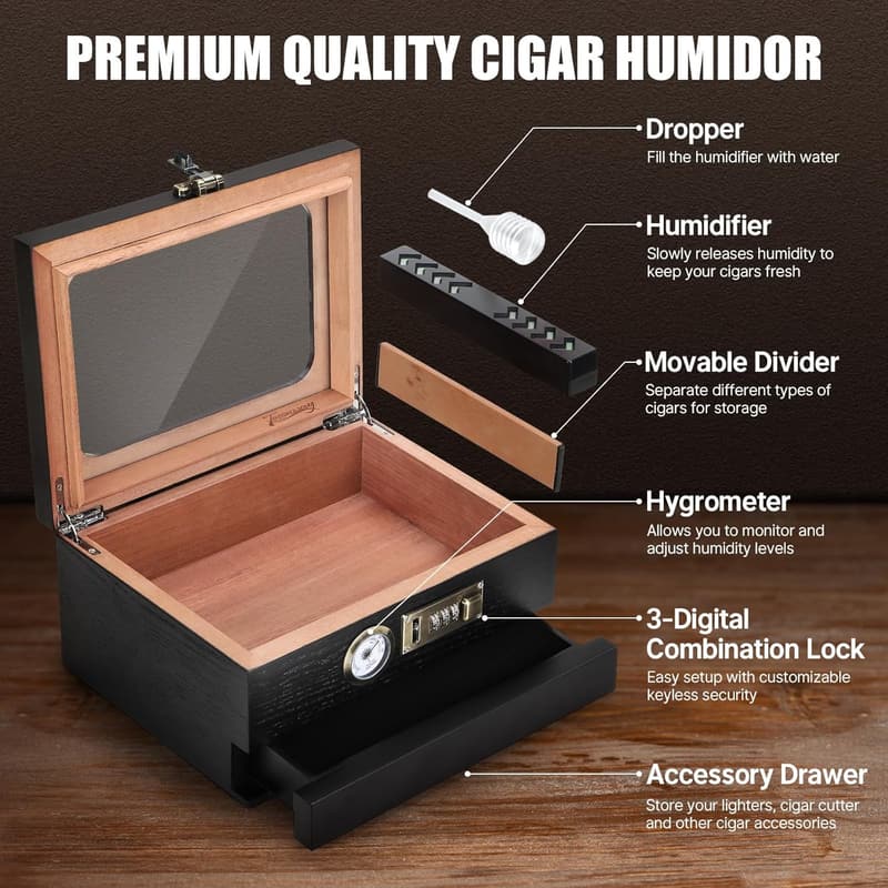 Cedar Wood Cigar Humidor with Glass Top and Hygrometer