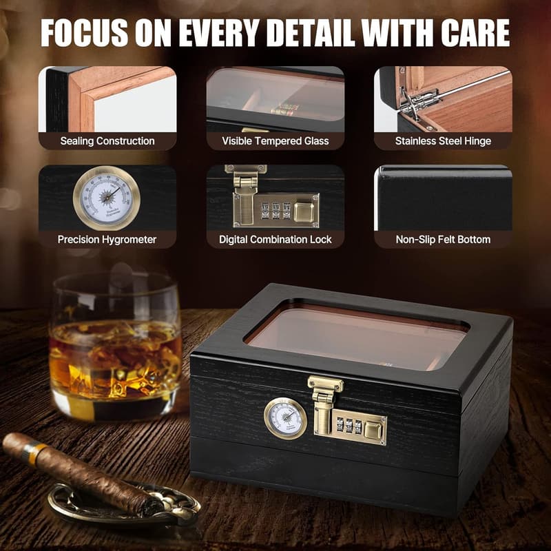 Cedar Wood Cigar Humidor with Glass Top and Hygrometer