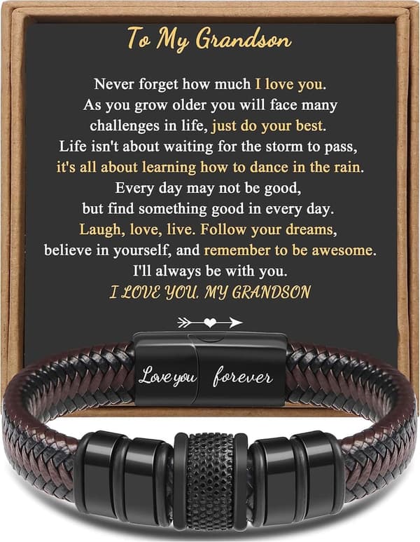 Braided Leather Bracelet for Men with Engraved Clasp