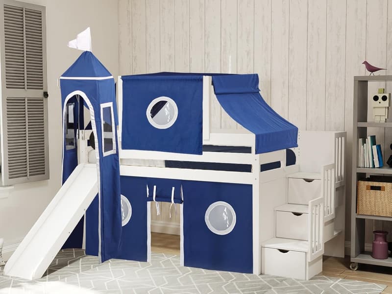 Castle Low Loft Bed with Slide, Blue & White Tent, Twin