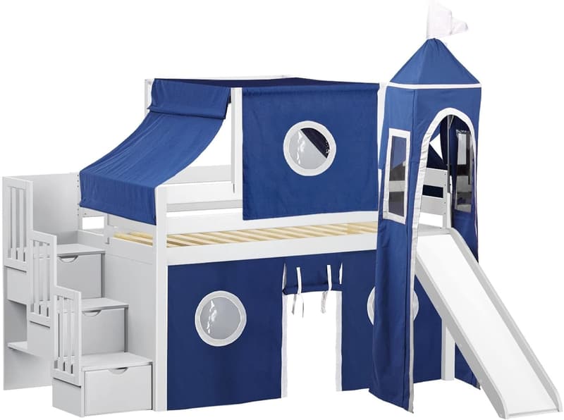 Castle Low Loft Bed with Slide, Blue & White Tent, Twin