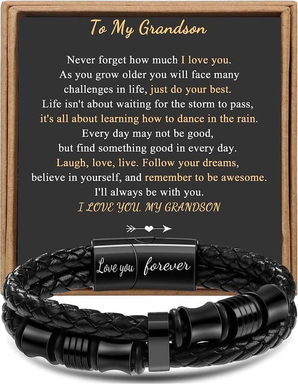 Men's Engraved Braided Leather Bracelet - 