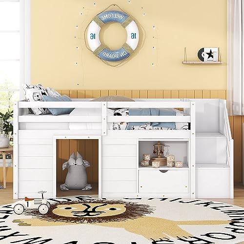 Twin Size Loft Bed Frame with Playhouse, Storage Stairs, White