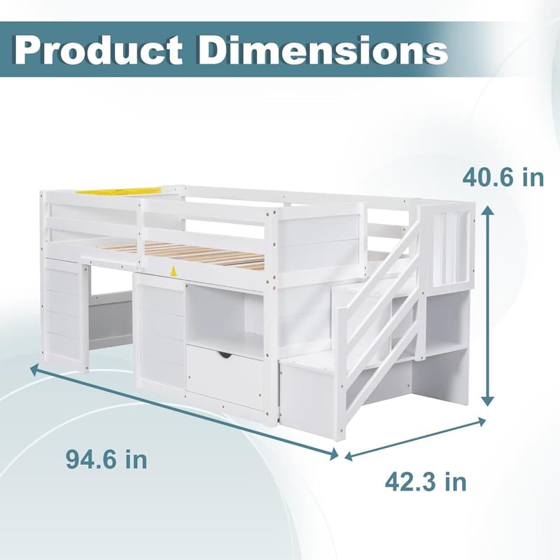 Twin Size Loft Bed Frame with Playhouse, Storage Stairs, White