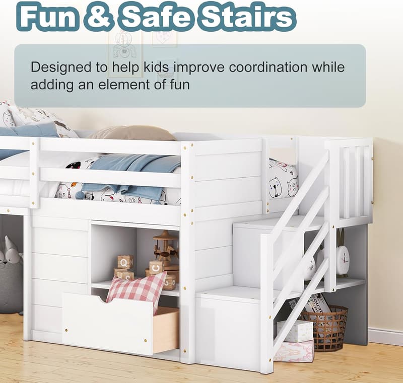 Twin Size Loft Bed Frame with Playhouse, Storage Stairs, White
