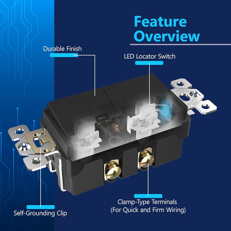 Minimalist Black Lighted Double Switch for Frameless Decor 15A