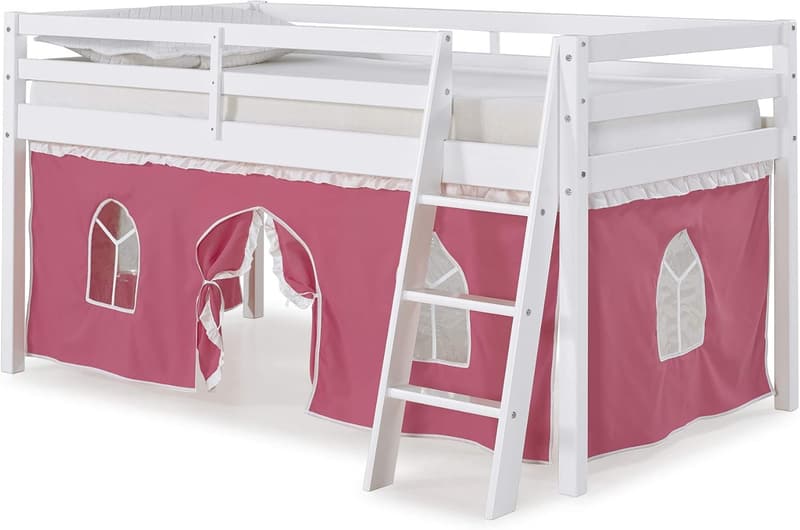 Pine Twin Loft Bed with Pink Tent & Washable Cover