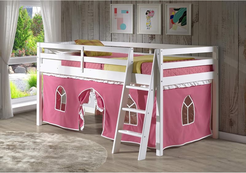 Pine Twin Loft Bed with Pink Tent & Washable Cover