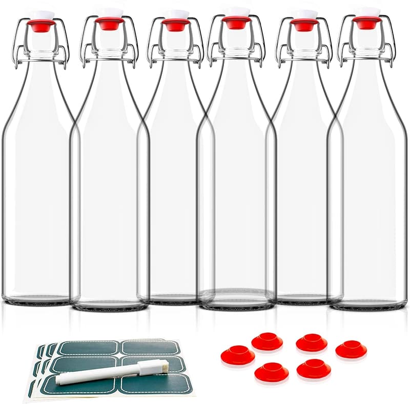 Set of 6 Classic 16oz Glass Bottles with Caps and Labels